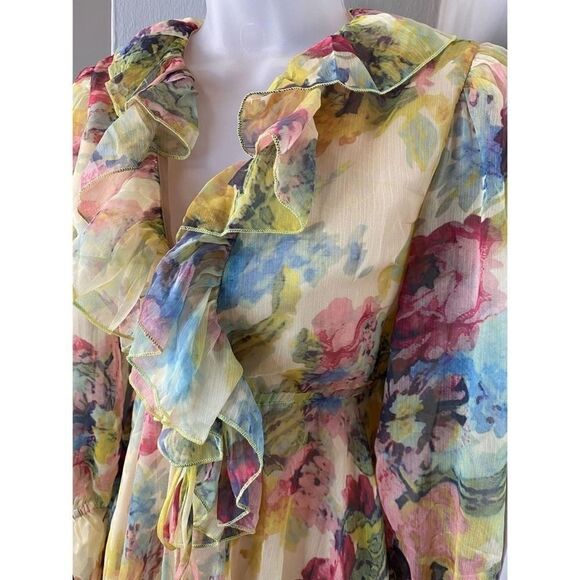 New Opt Floral Long Sleeve, Lined Chiffon Dress Women’s Size Small - Picture 2 of 3